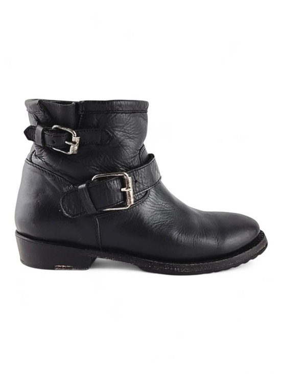 Ash Shoes - ASH Women's Trick Black Leather Biker Double Strap Buckle Ankle Boot 37